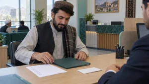 مرد افغان در حال آمادهکردن اسناد برای بازکردن حساب بانکی