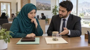 زن افغان در حال مقایسه حساب جاری و حساب پسانداز با مشاور بانک