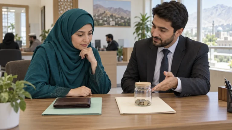 زن افغان در حال مقایسه حساب جاری و حساب پس‌انداز با مشاور بانک