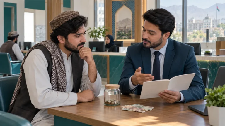 مشتری افغان در حال بررسی حداقل موجودی حساب با مشاور بانک