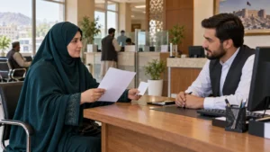زن افغان در حال ثبت شکایت بانکی و دریافت رسید پیگیری