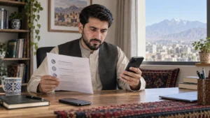 مرد افغان در حال تطبیق شماره تماس بانک با فهرست رسمی