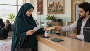 زن افغان در حال دریافت حواله از یک مرکز رسمی انتقال پول