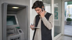 مرد افغان در حال تماس با بانک پس از نگهداشتن کارت توسط دستگاه ATM