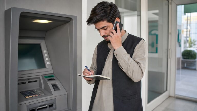 مرد افغان در حال تماس با بانک پس از نگه‌داشتن کارت توسط دستگاه ATM