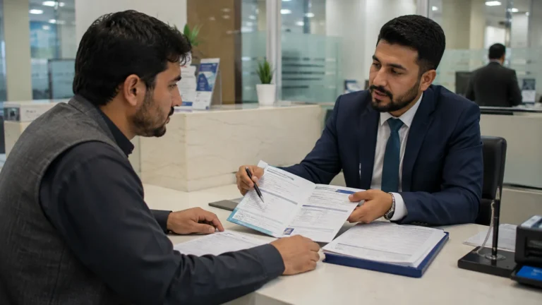 مشتری در حال بررسی شرایط و اسناد حساب بانکی با کارمند بانک در افغانستان
