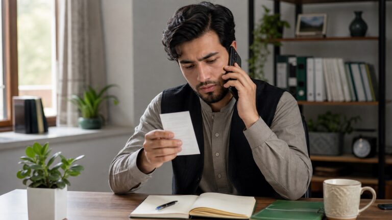 مرد افغان در حال پیگیری انتقال اشتباه پول با رسید تراکنش