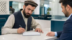 مشتری افغان در حال تکمیل چک بانکی در شعبه
