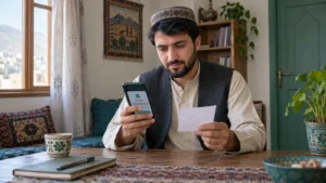 مرد افغان در حال بررسی نام گیرنده پیش از انتقال پول