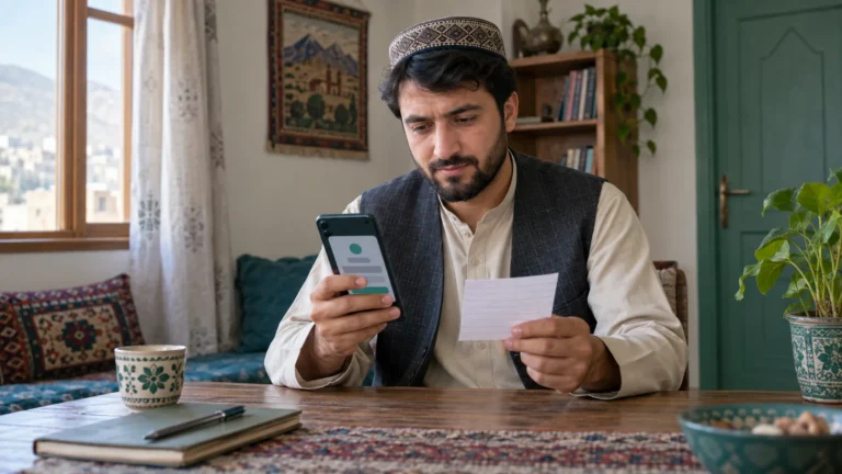 مرد افغان در حال بررسی نام گیرنده پیش از انتقال پول