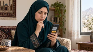 زن افغان در حال بررسی پیام کوتاه مشکوک بانکی
