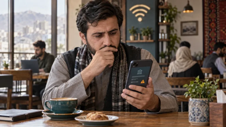 مرد افغان در حال توقف تراکنش بانکی روی وای‌فای عمومی