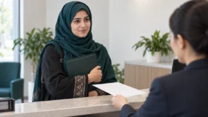 زن افغان در حال محافظت از اسناد شخصی هنگام دریافت خدمت مالی