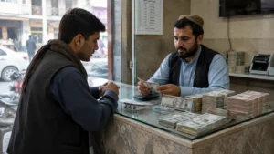 مشتری و صراف در حال بررسی اسکناس و معامله ارز در افغانستان