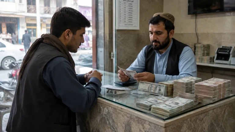 مشتری و صراف در حال بررسی اسکناس و معامله ارز در افغانستان