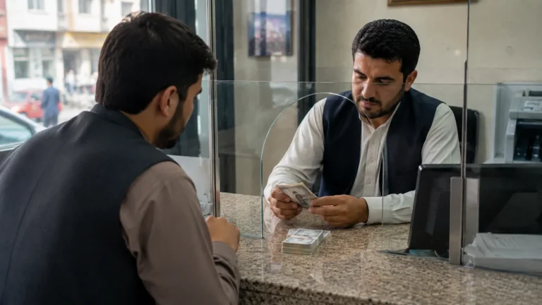مشتری در حال ارسال حواله و بررسی مبلغ و شرایط دریافت پول در افغانستان